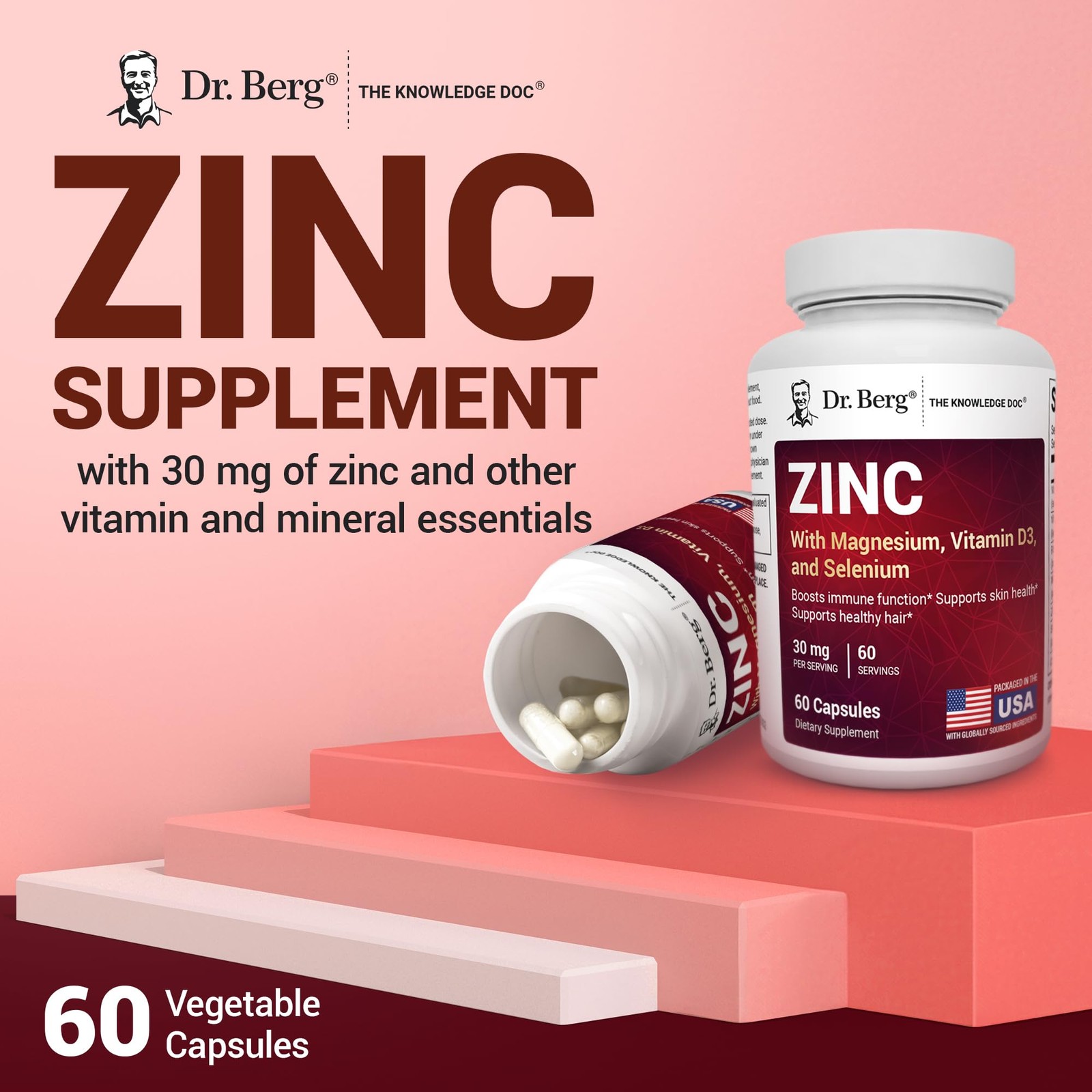 Dr. Berg Zinc 30mg Enhanced with Magnesium, Vitamin D3, 60 Count (Pack of 1)