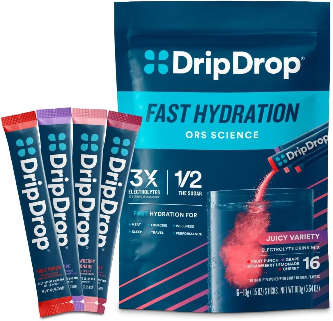 DripDrop Hydration Packets Juicy Variety 16 Sticks Electrolyte Drink Mix
