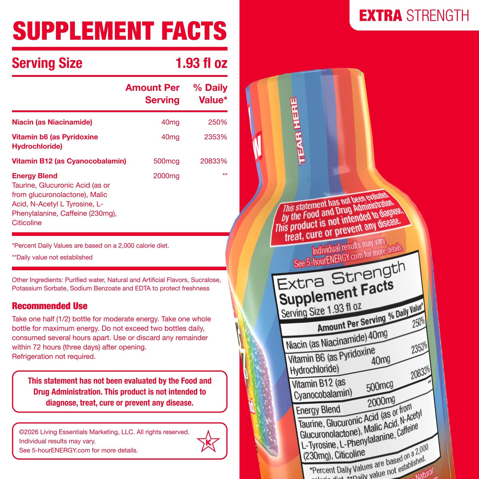 5hour ENERGY FRUITY RAINBOW Flavor, 6 Count, 1.93 Fl Oz Energy Shot, Extra St…