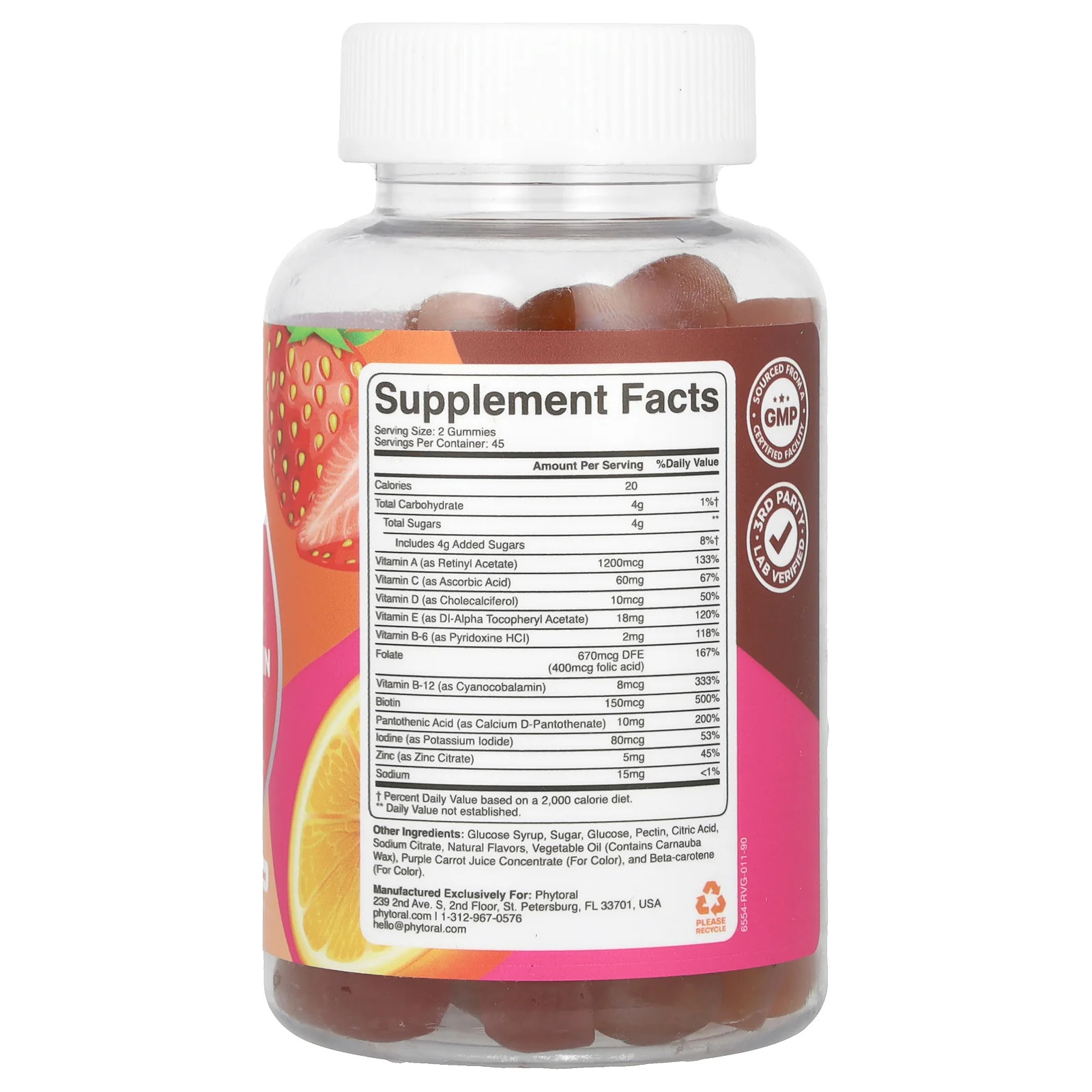 2 X Phytoral, Women’s Multivitamin Gummies, Orange, Cherry & Strawberry, 90 Gum