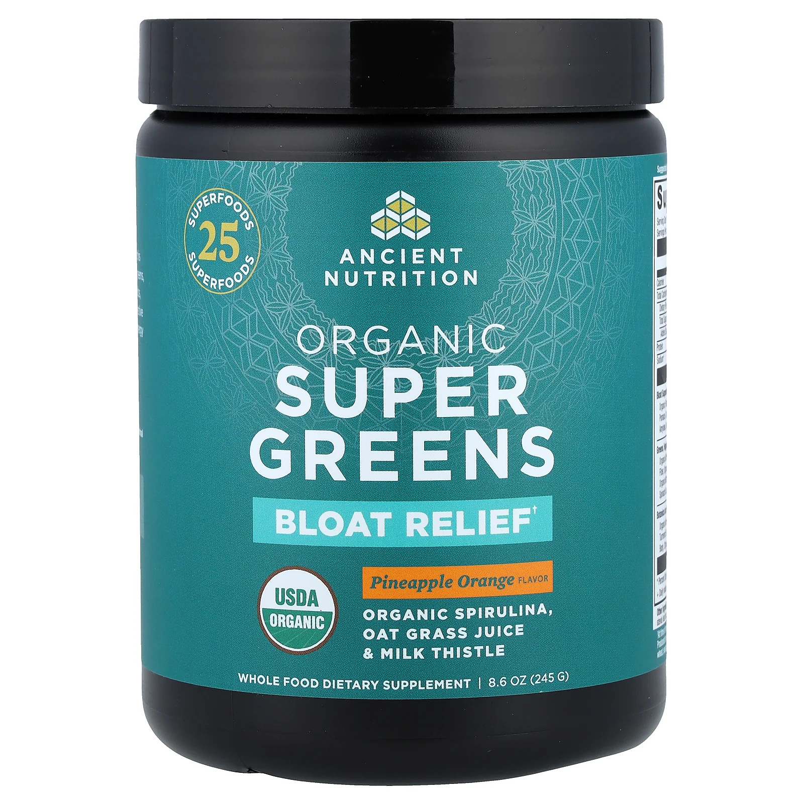 2 X Ancient Nutrition, Organic Super Greens, Bloat Relief, Pineapple Orange, 8.