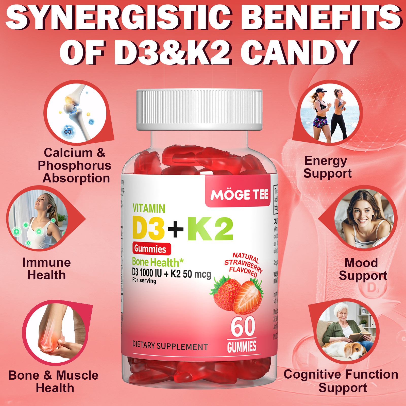 2Pack Vitamin D3 K2 Gummies – 60 Count – Support Bone Heart Immune Health Energy