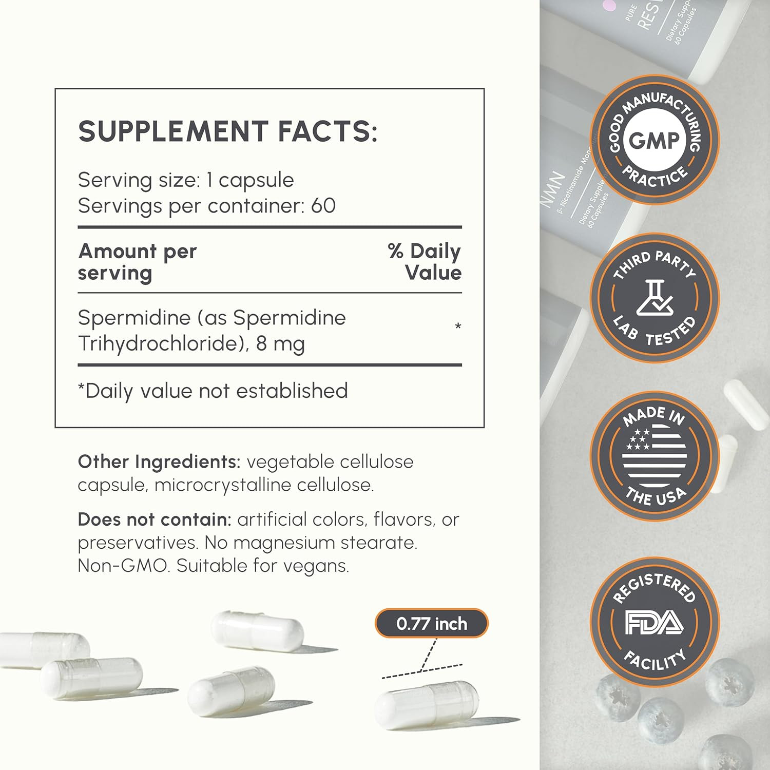 Spermidine Supplement – 99% Purity – 8 mg per Capsule – 3rd Party Lab Tested – f