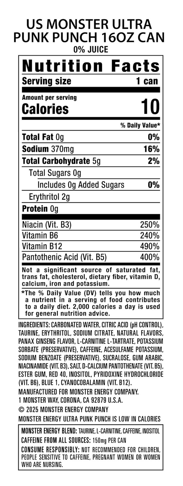 Monster Energy Ultra Punk Punch, Sugar Free Energy Drink, 16 Ounce Pack of 15