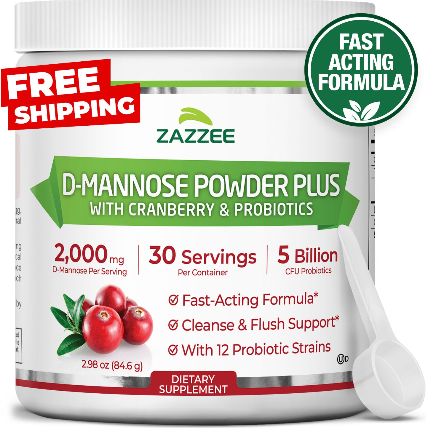 Zazzee D-Mannose Powder Plus, 2000 mg, 30 Servings, Potent & Fast-Acting