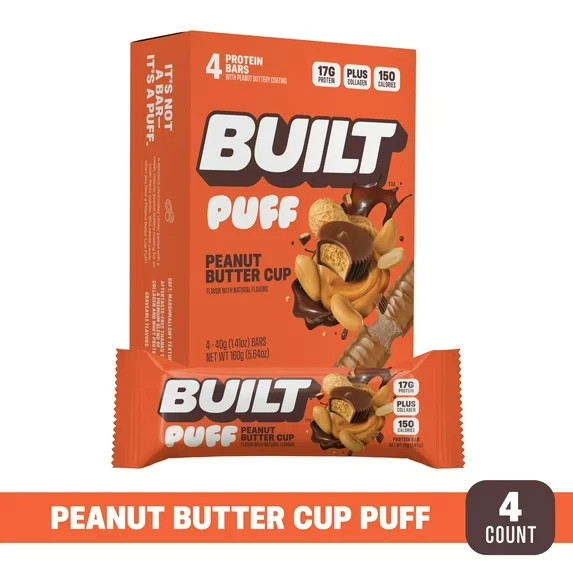 BUILT Puff Protein Bar, Peanut Butter Cup, 15g Protein, 4 Count Box, 1.55 oz