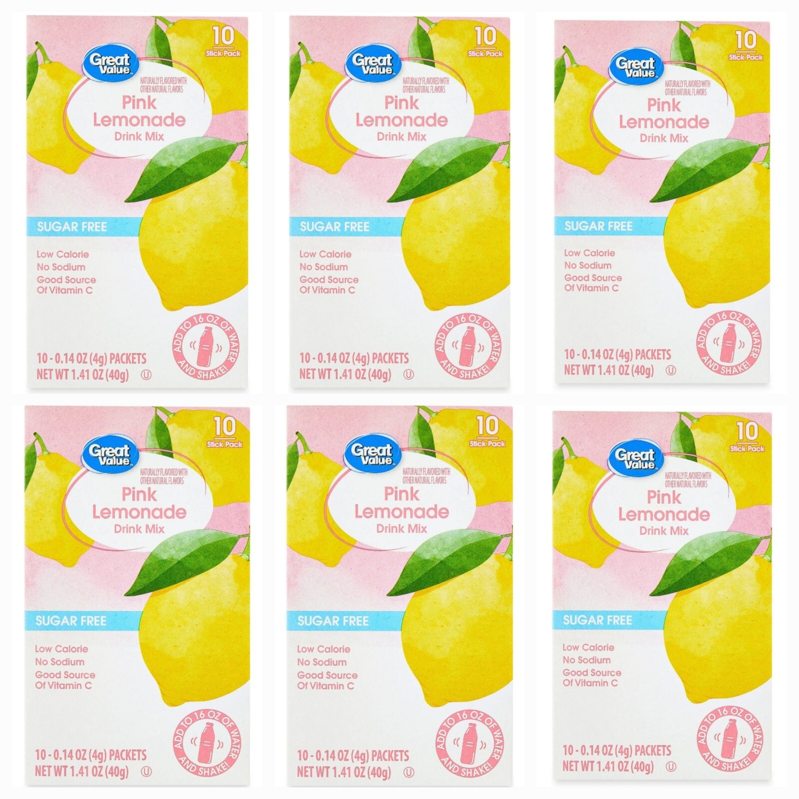 6 Pack – Great Value Sugar-Free Pink Lemonade Powdered Drink Mix 60 Packets