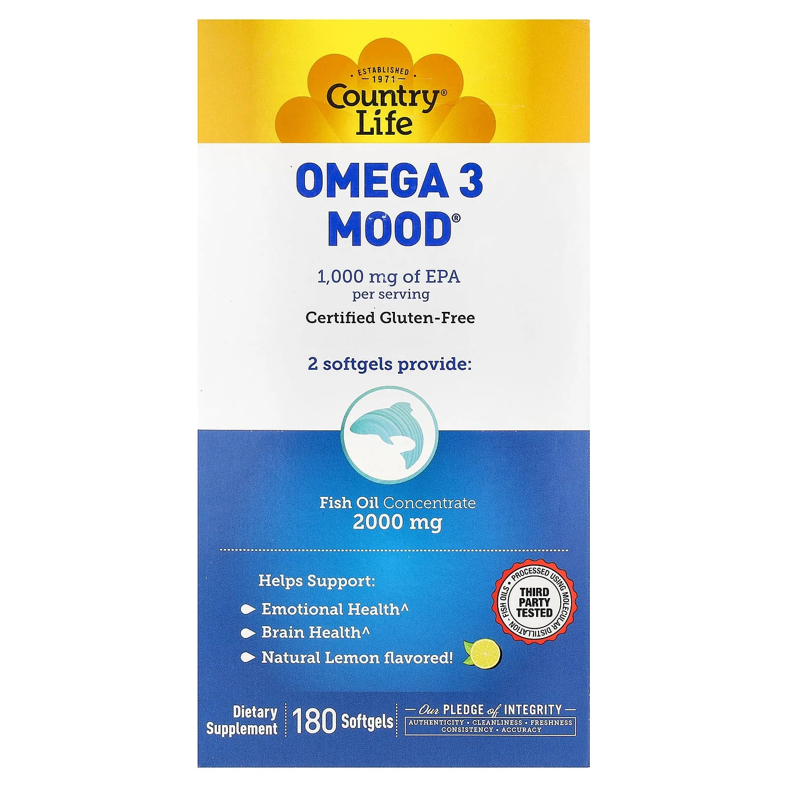 2 X Country Life, Omega 3 Mood�, Natural Lemon, 180 Softgels
