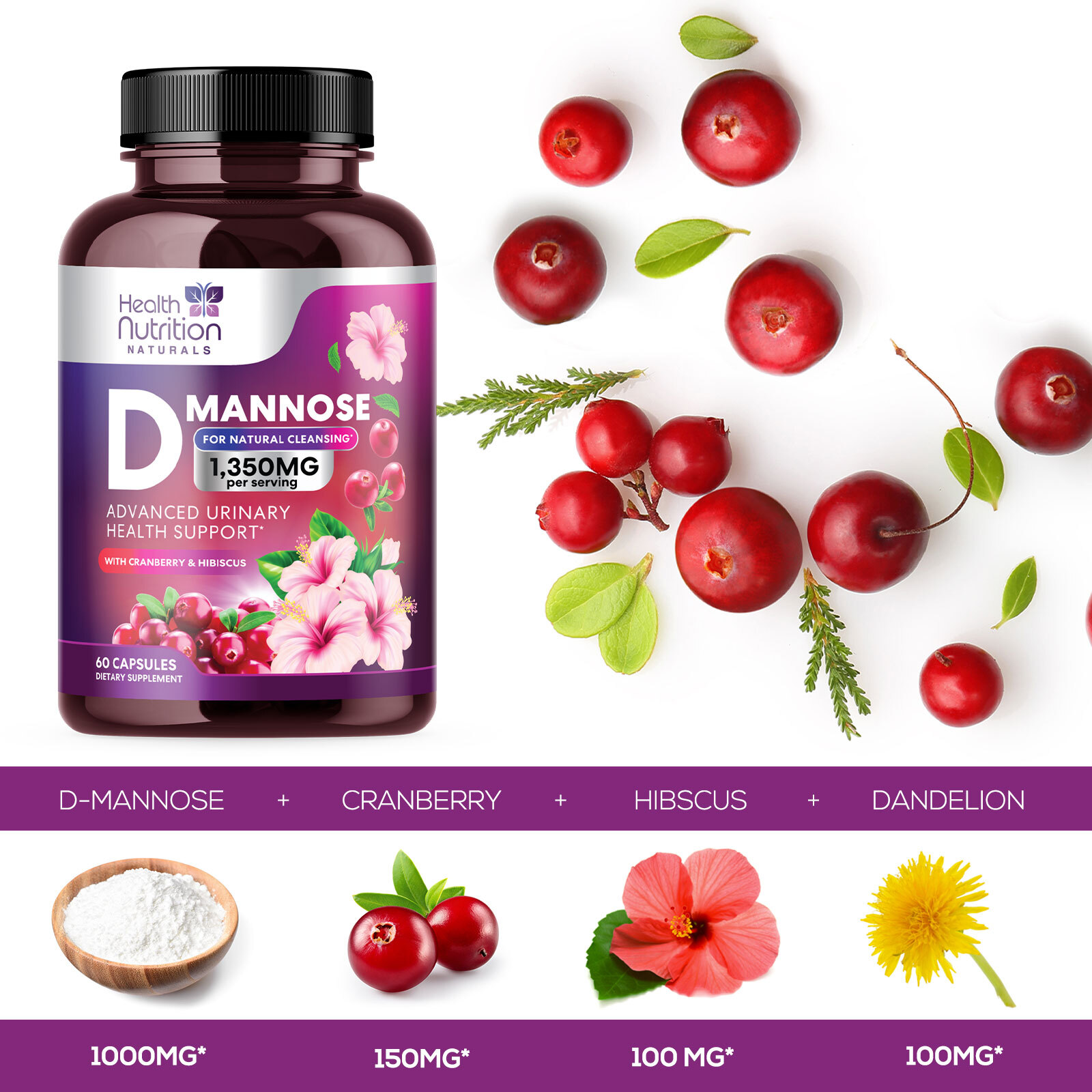 D-Mannose Capsules 1350mg with Cranberry UTI Support & Cleanse, Bladder Health