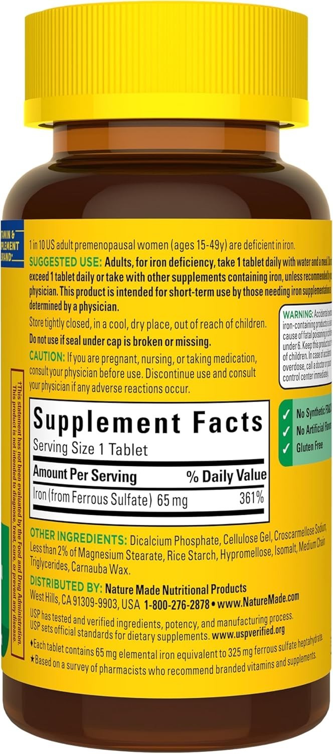Nature Made Iron 65 mg (325 mg Ferrous Sulfate) 180 Tablets Dietary Supplement