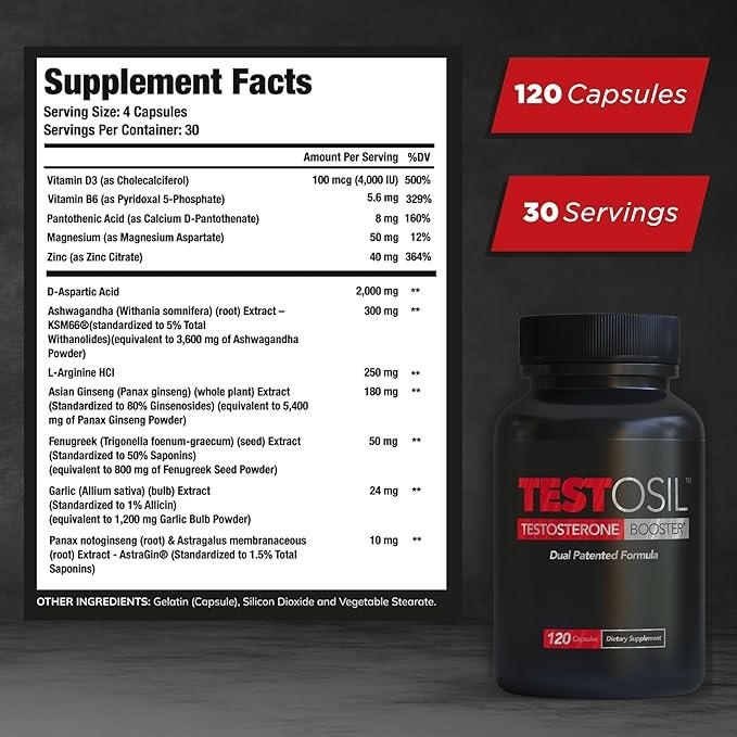 Testosil Testosterone Booster Supplement for Men – 120 Capsules