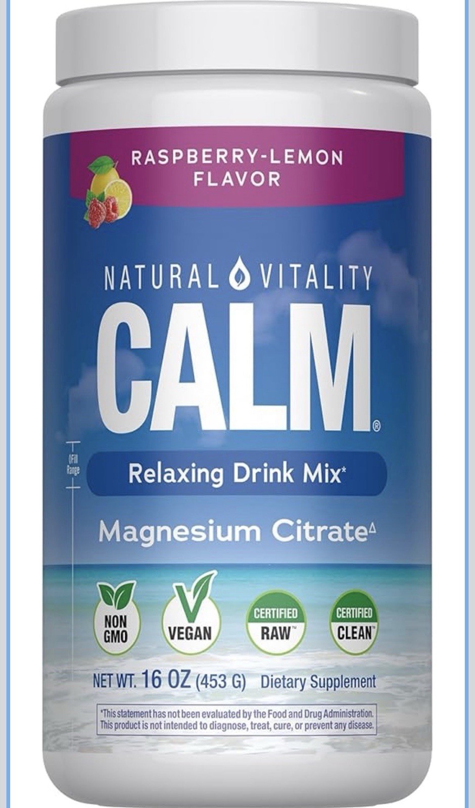 Natural Vitality CALM Magnesium Powder Raspberry Lemon 16 oz Vegan
