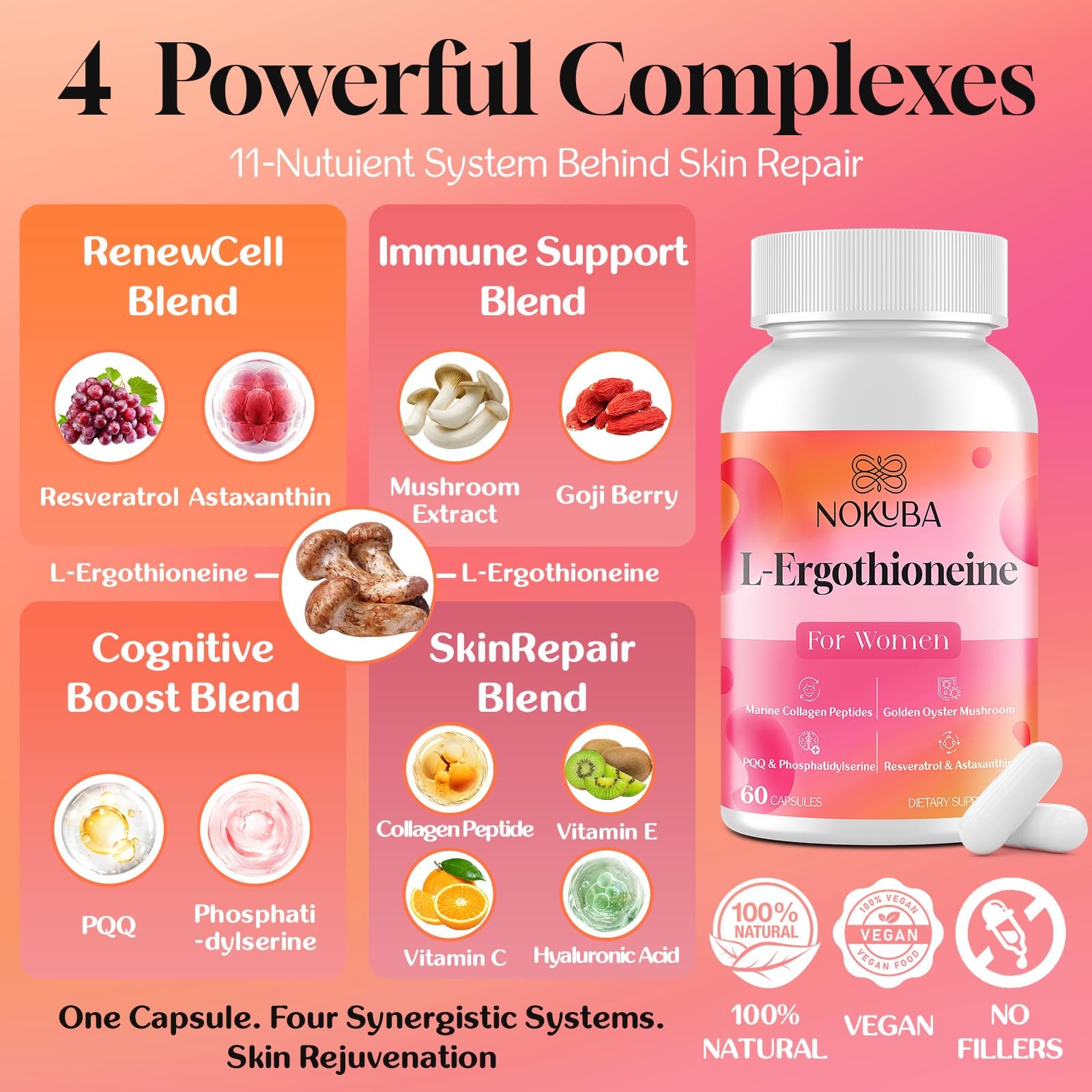 L-Ergothioneine with Collagen Peptides Hyaluronic Acid | 2X Antioxidant of Gl…