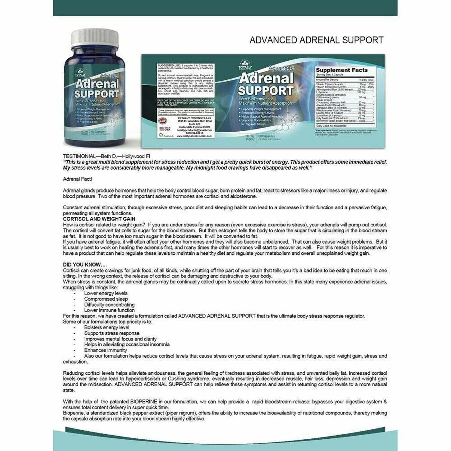 Adrenal Support Energy Supplement & Appetite Control Weight Management 60 Tabs