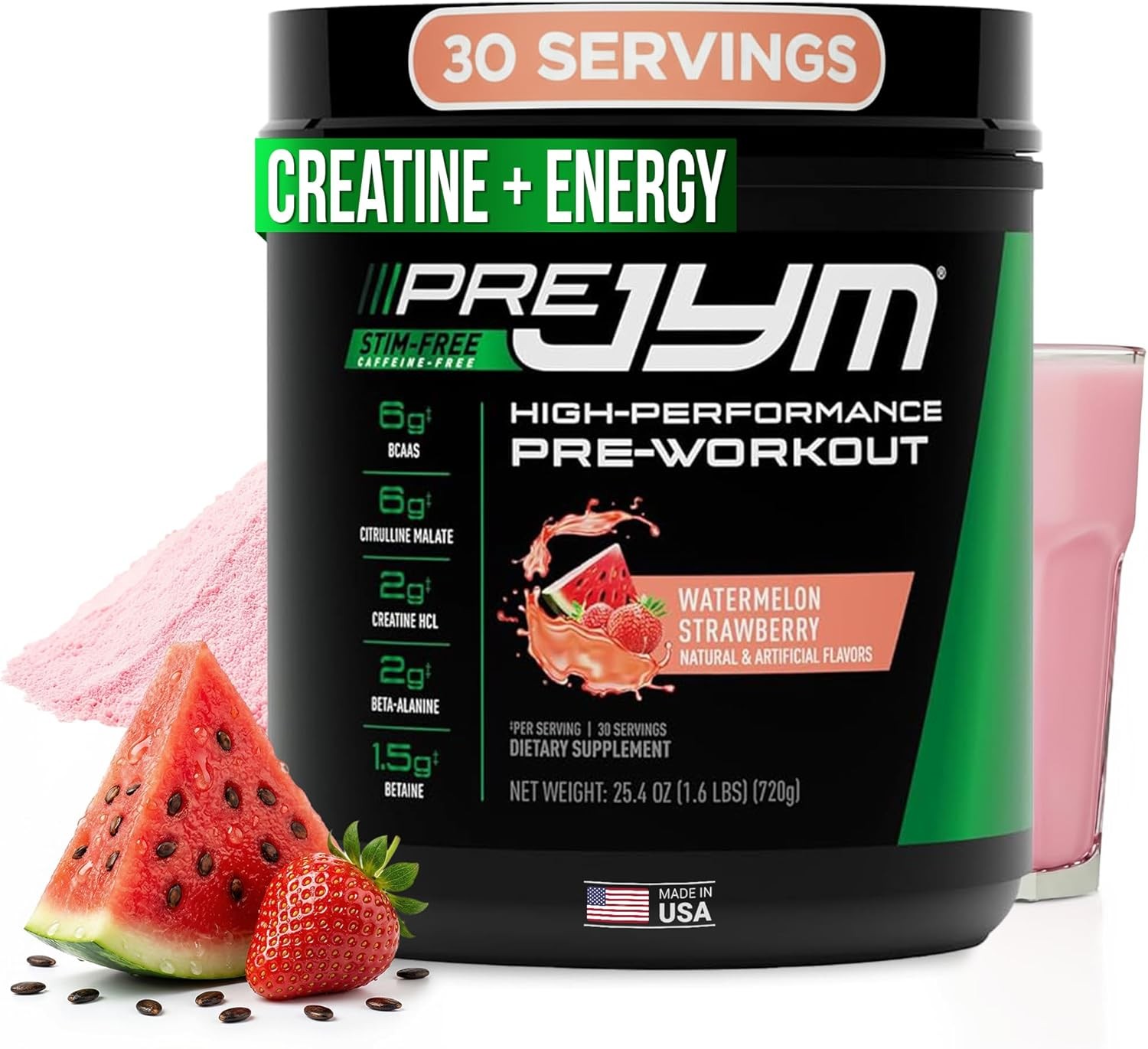 Pre JYM Stim Free Watermelon Strawberry Pre-Workout Powder,Creatine,No Caffeine,