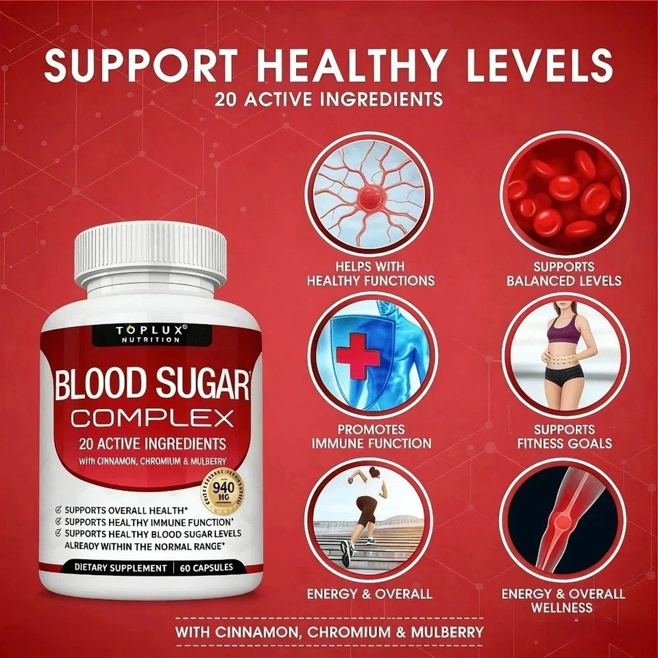 Toplux Blood Sugar Balance Complex 20 Herb Vitamin Blend Vegan 60 Caps Support