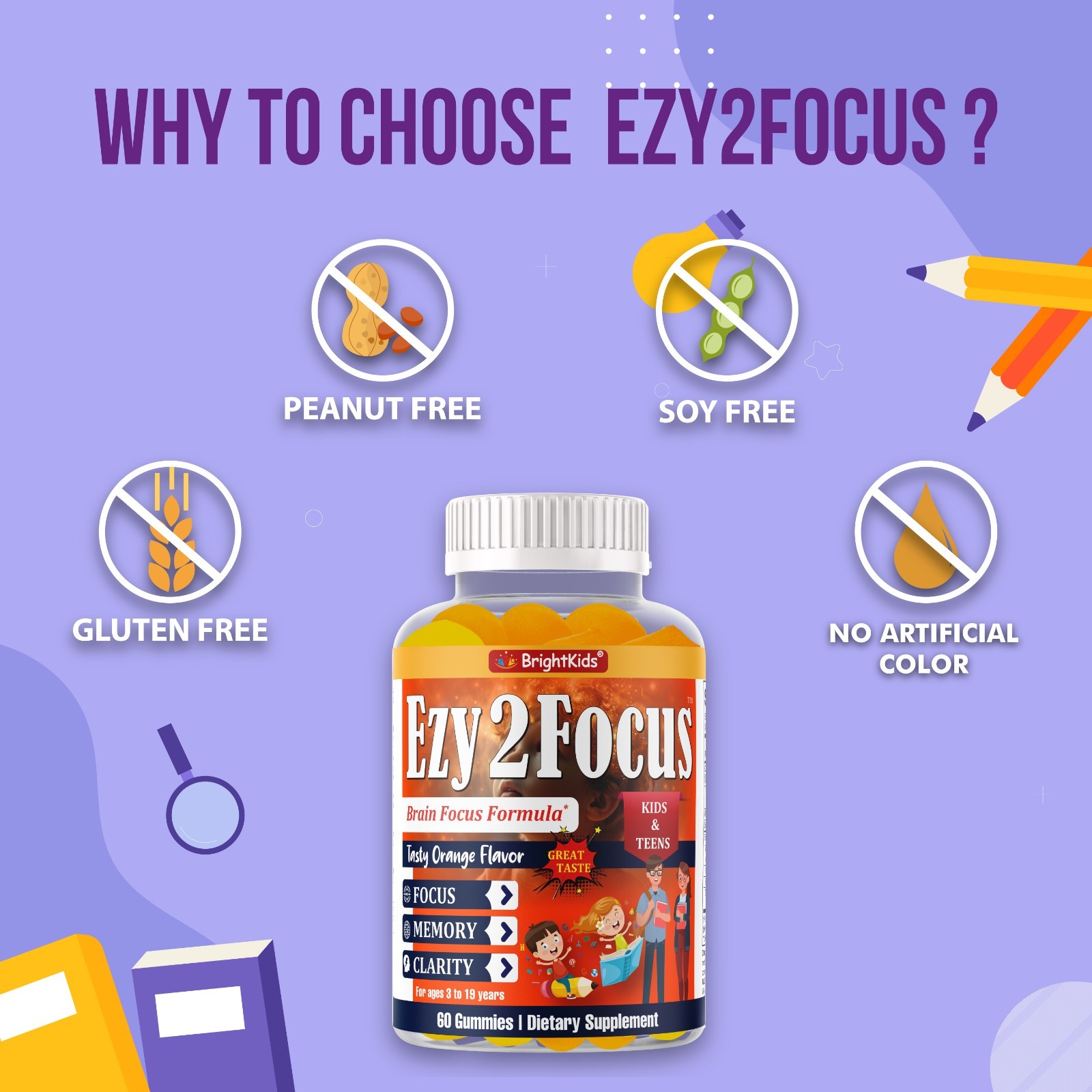 Ezy2Focus Brain Focus Gummies for Kids & Teens Memory Clarity Orange 60 Count