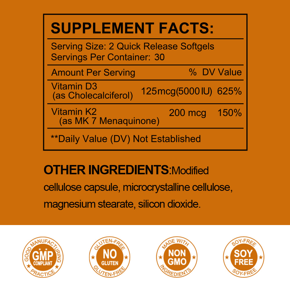 Vitamin D3 5000 IU + K2 200mcg 60 Capsules Extra Strength D3 K2 Supplements