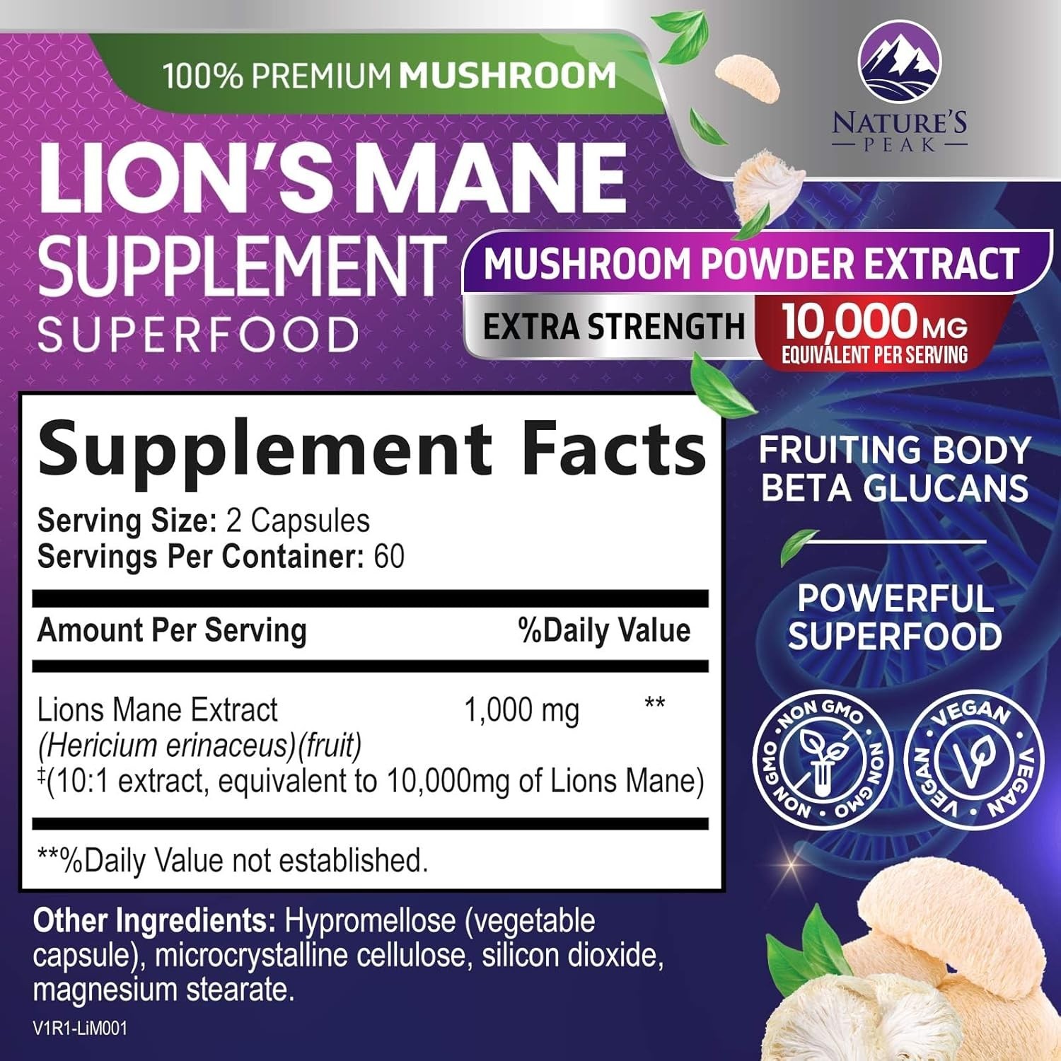 Lions Mane Supplement Capsules 10,000mg – 10:1 Extract , 120 Capsules