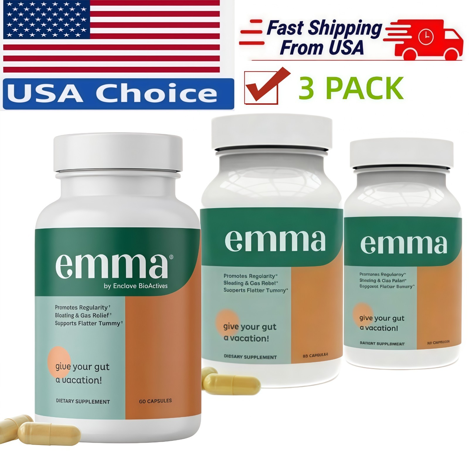 3 Pack Emma Gut Health Supplement 180 Capsules for Bloating Relief & Leaky Gut