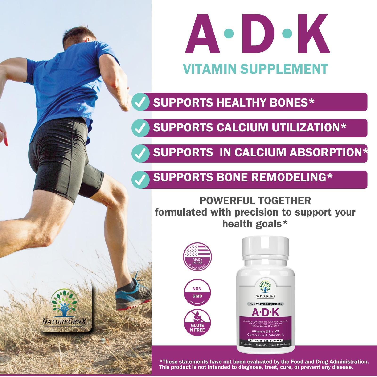 NatureGenX ADK Vitamin Supplement – Vitamins A, D3 60 Count (Pack of 1), None