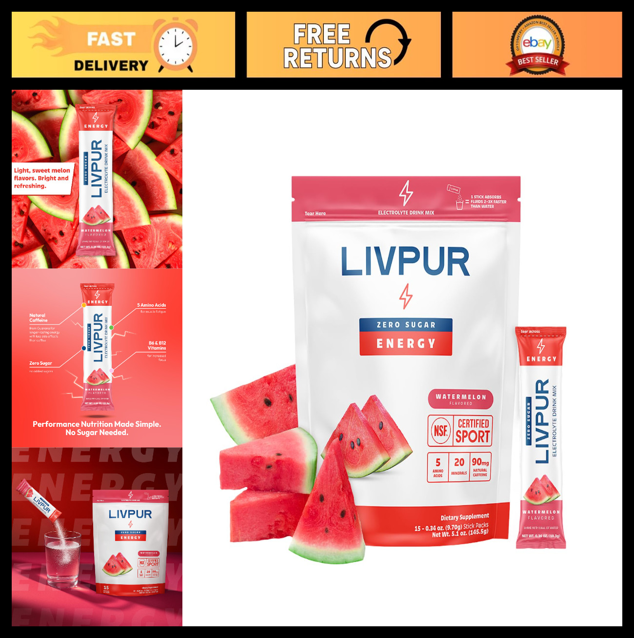 Electrolyte Drink Mix Powder – 15 Hydration Packets, Sugar Free, Caffeine & Amin