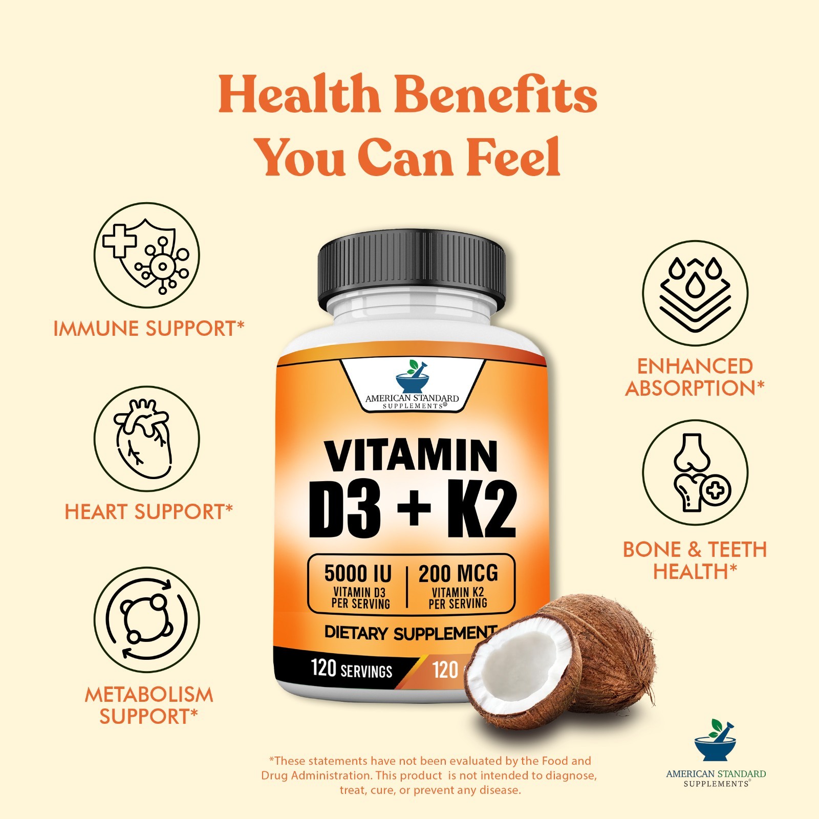 Vitamin D3 5000IU plus Vitamin K2 as MK-7 200mcg , 120 Veggie Caps, 120 Servings