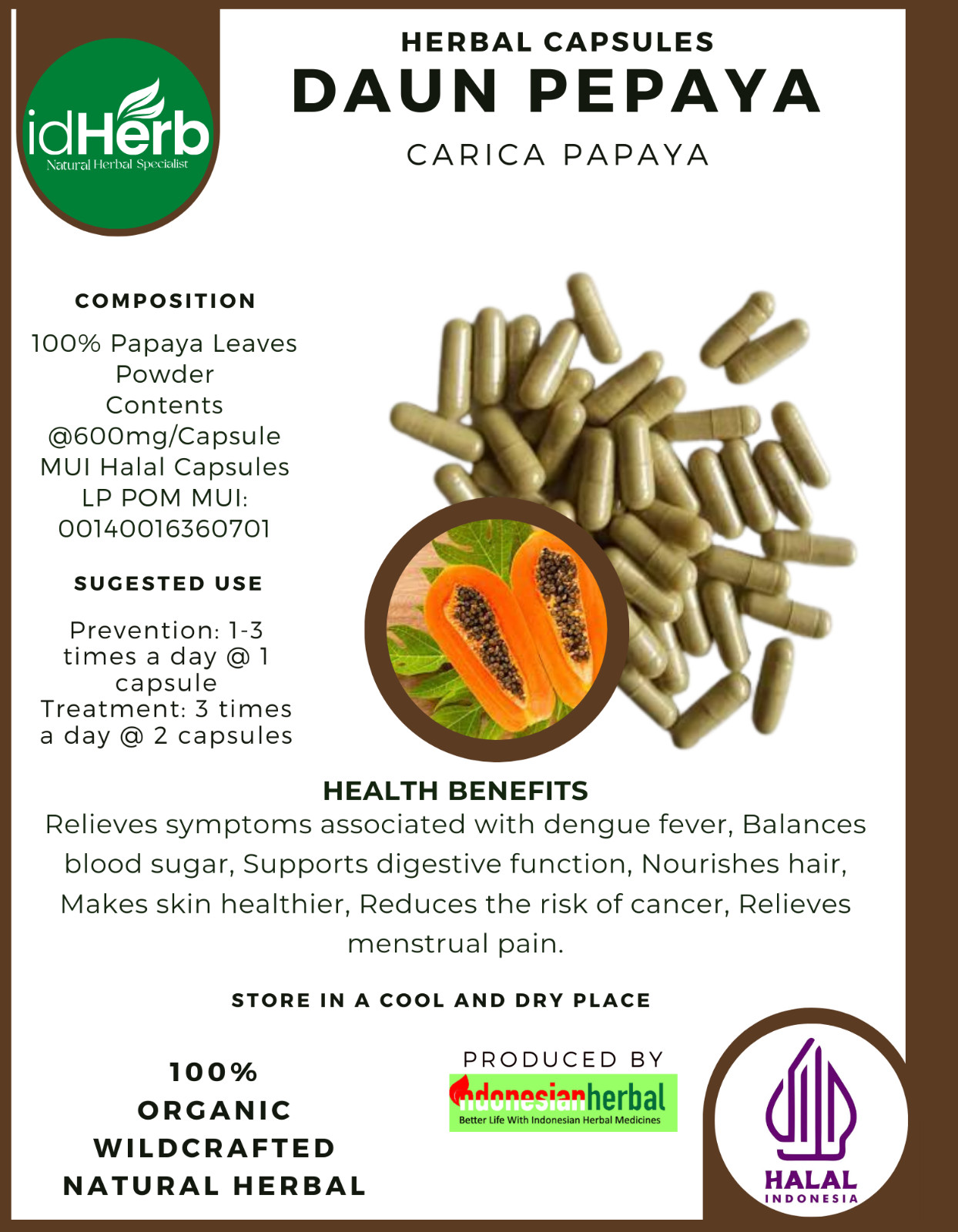 [idHerb] 100-800 Capsules Pepaya Leaves Pawpaw Betik Carica Papaya WildCrafted