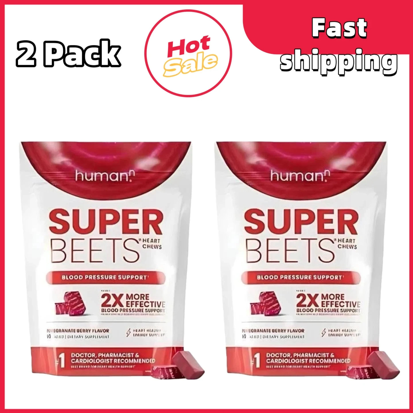 2 Pack Superbeets Heart Chews, Nitric Oxide & Blood Pressure Support, 60 Count