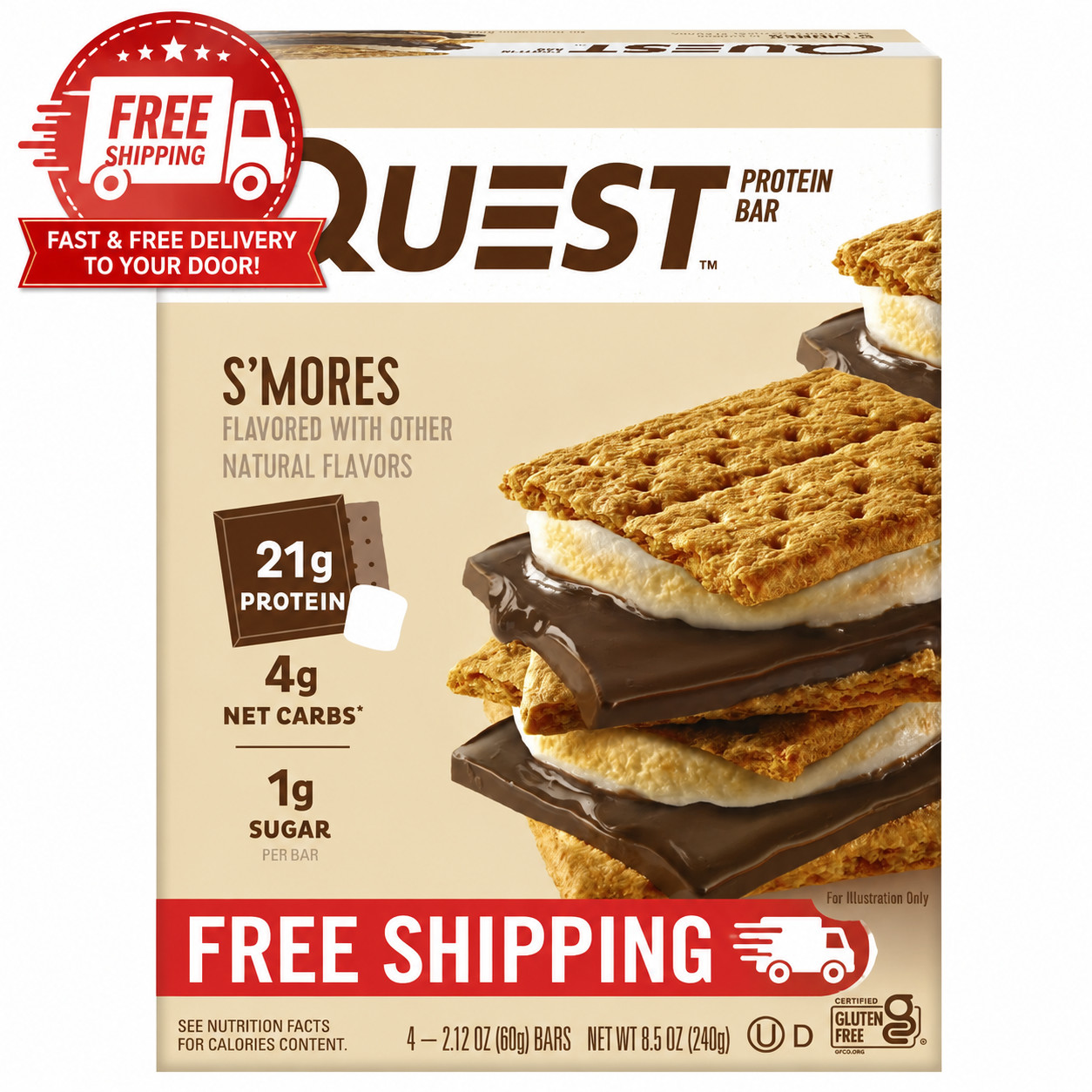 Quest Protein Bar, Smores, 20g Protein, Gluten Free, 4 Count