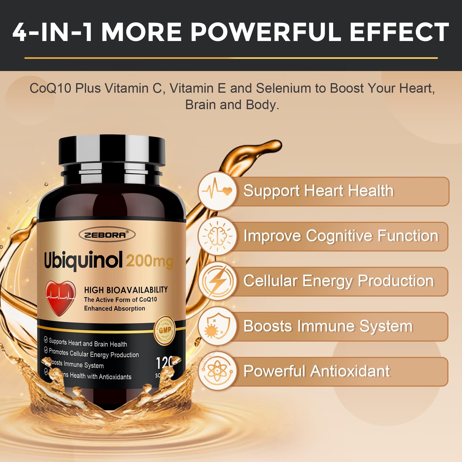 ZEBORA Ubiquinol CoQ10 200mg Softgels, 4-in-1 Powerful 120 Count (Pack of 1)