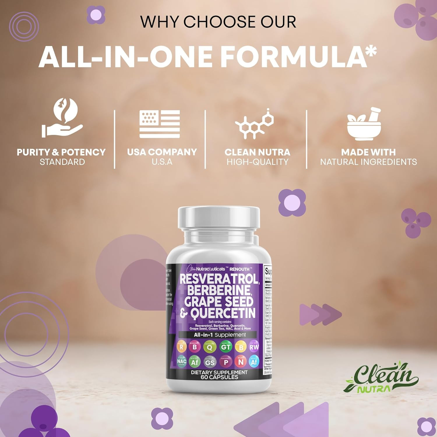 Clean Resveratrol Supplement | Berberine Grape Seed Extract Quercetin Green Tea