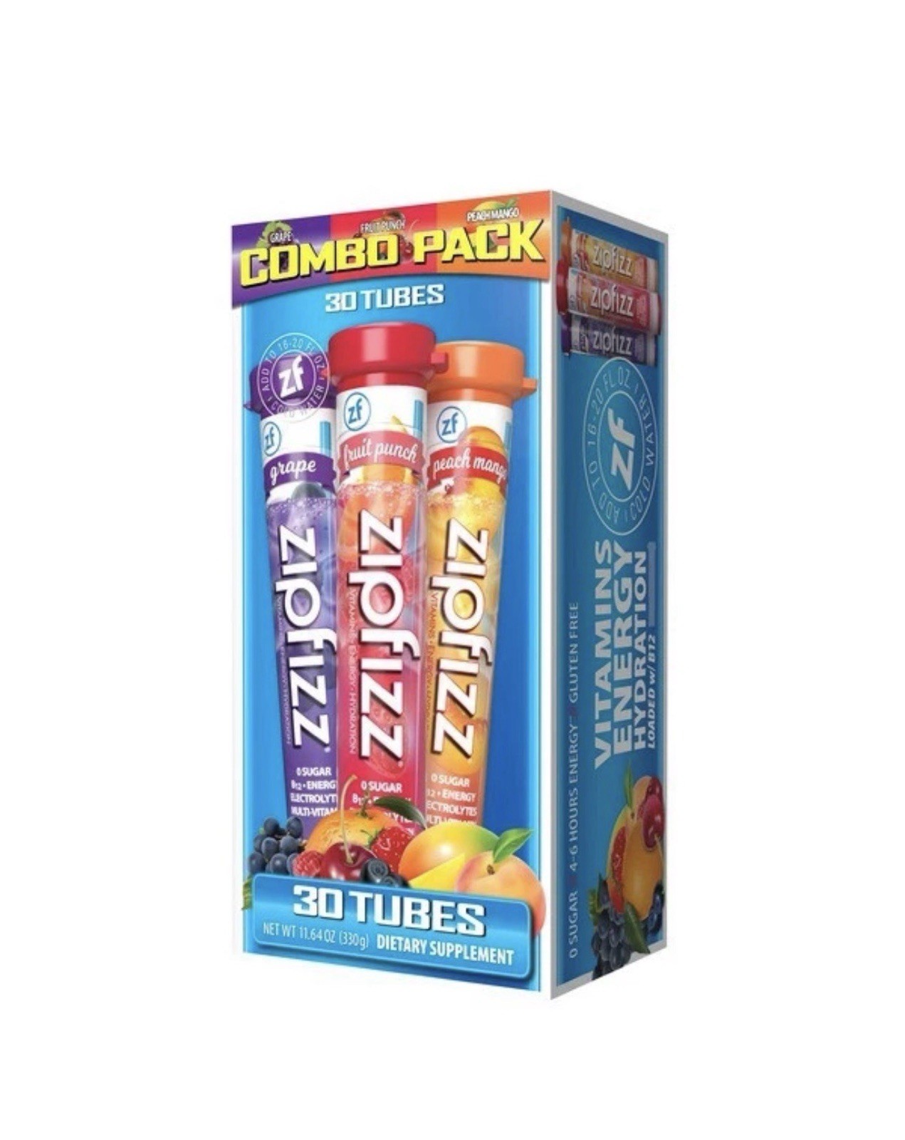 Zipfizz Vitamin Energy Drink, Grape, Fruit Punch, & Peach Mango 30 Tubes