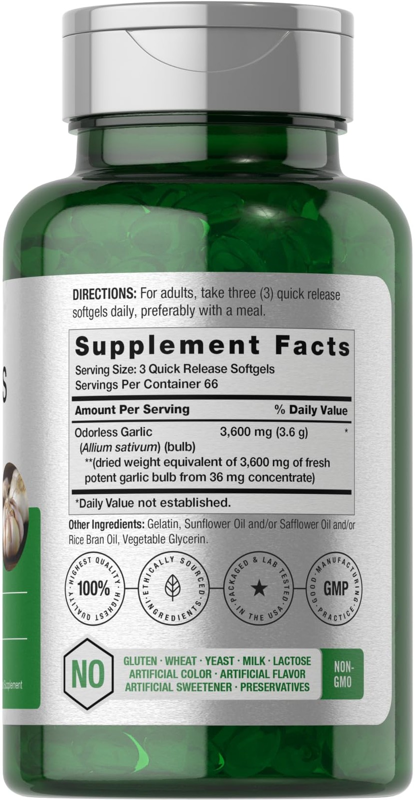 Horbäach Odorless Garlic Softgels 3600 mg | 200 Count | Ultra Potent Garlic