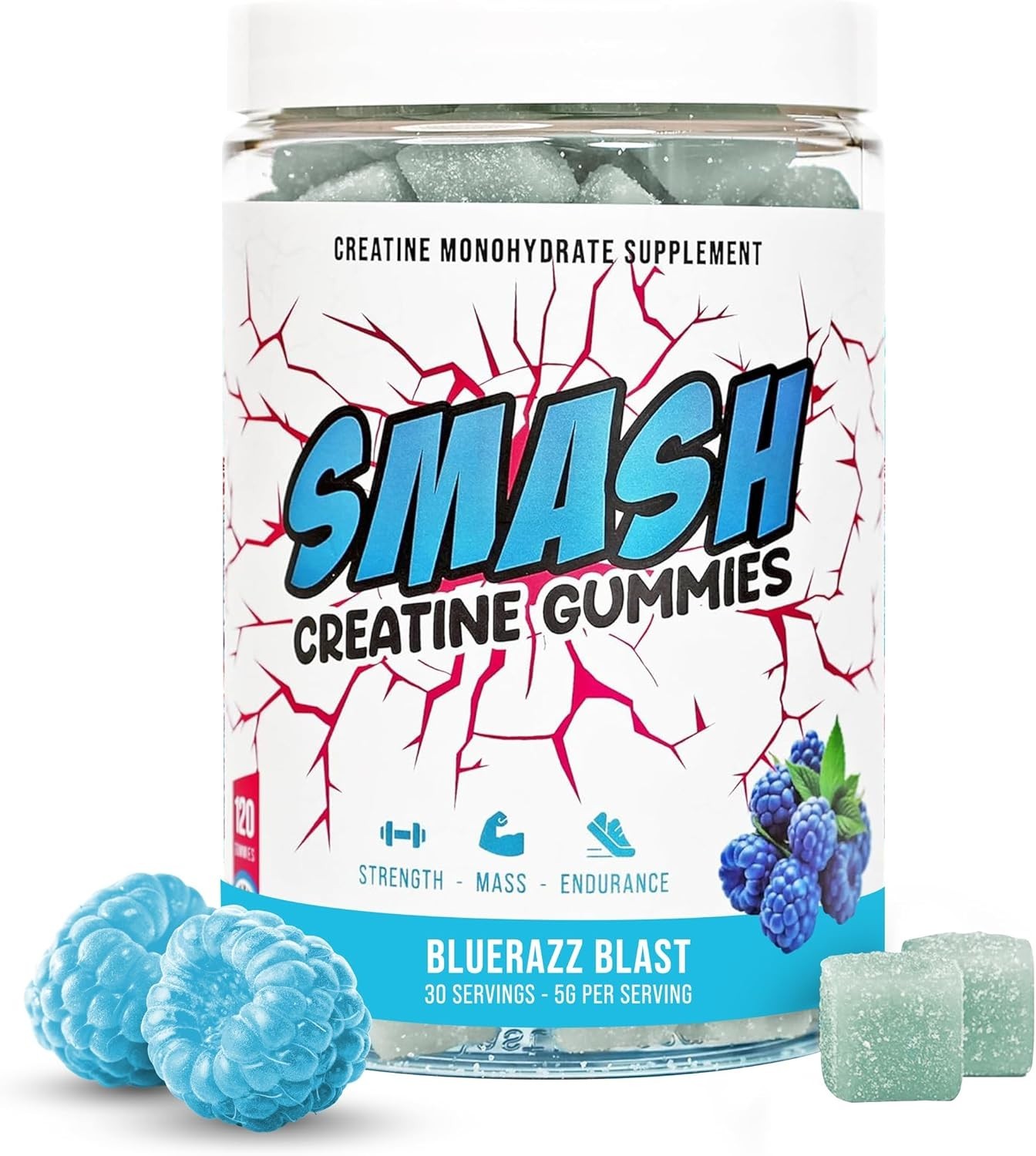 SMASH Creatine Gummies – 5 grams – Blue Raspberry Flavor – 120 gummies- USA Made