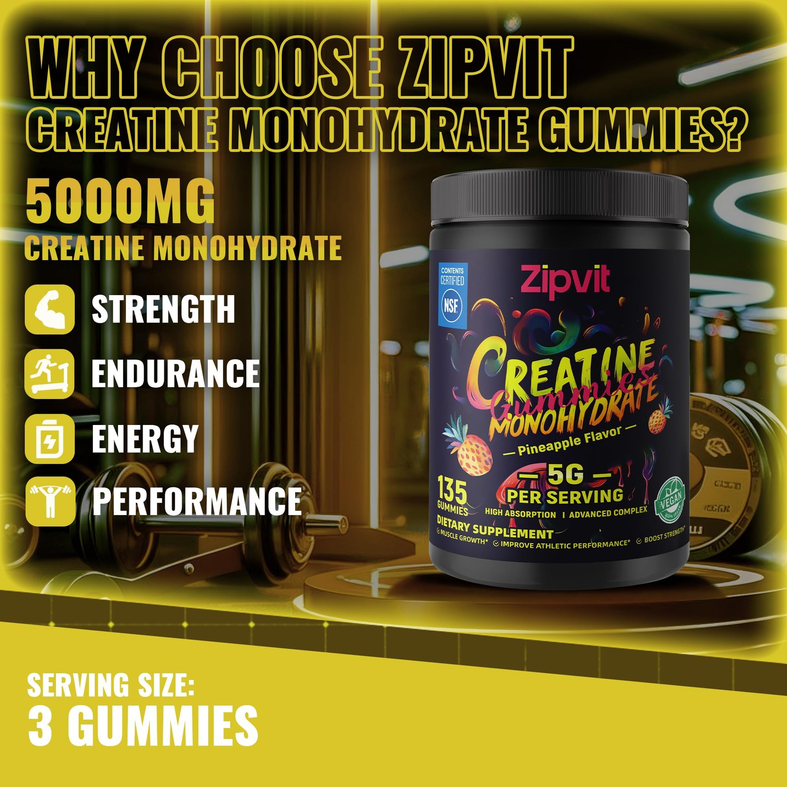 Zipvit Creatine Monohydrate Gummies Nsf Certified Creatine Gummy 5G Dose For