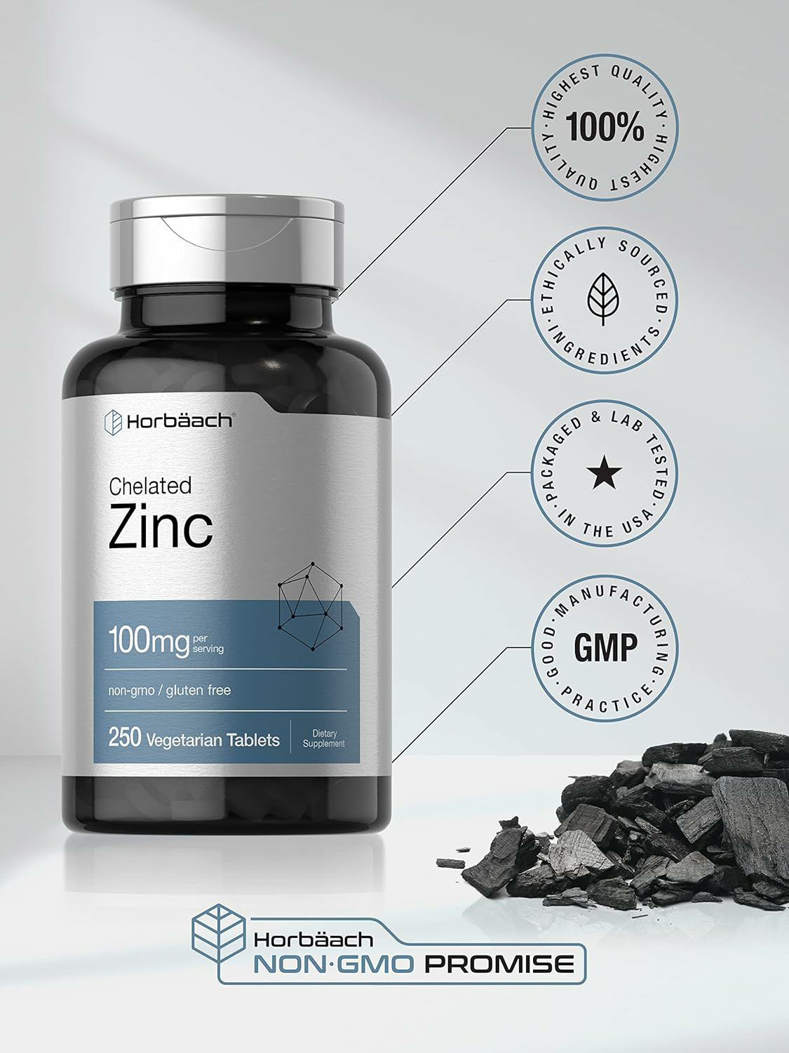 Chelated Zinc Supplement 100mg | 250 Tablets | High Potency | by Horbaach