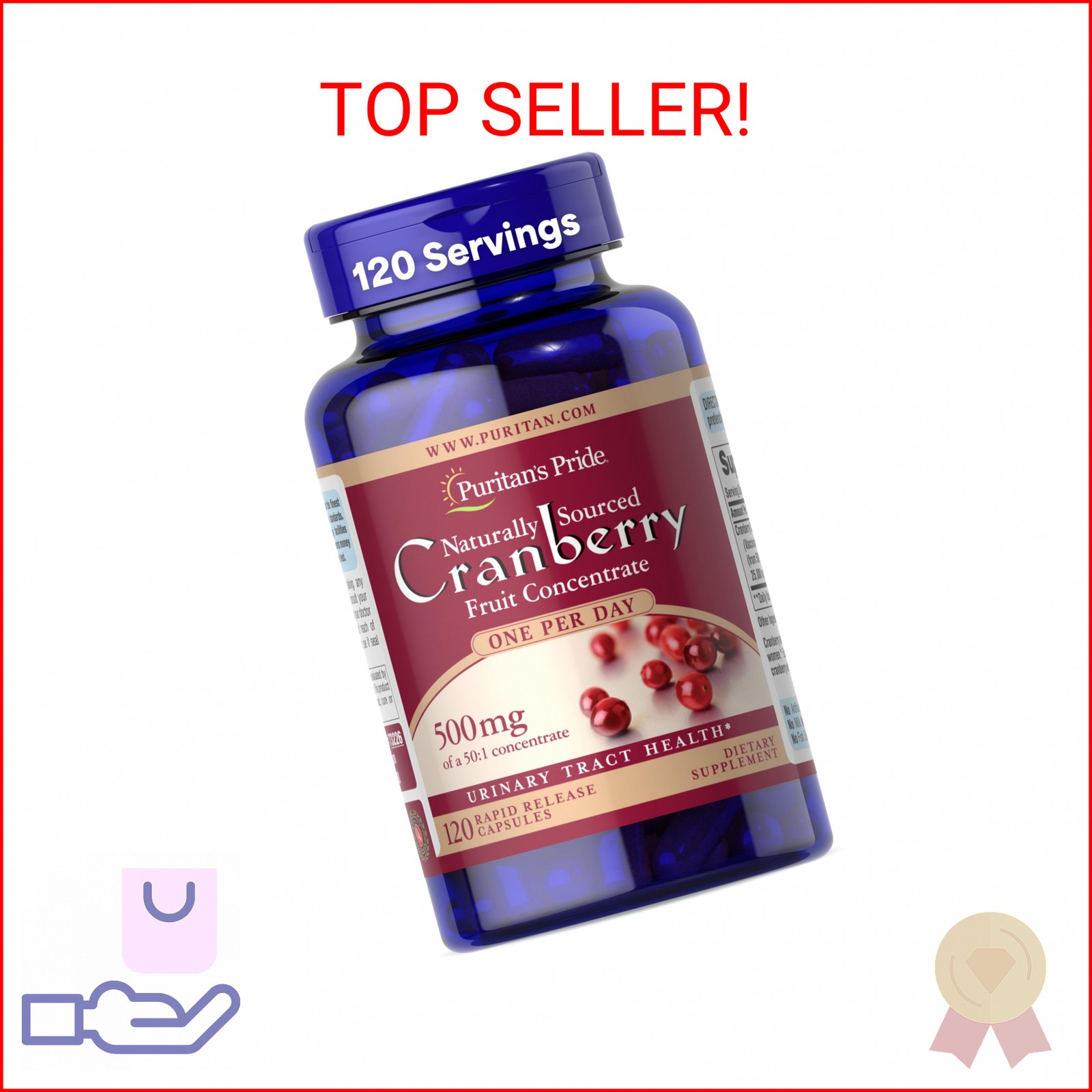 Puritan’s Pride Naturally Sourced Cranberry One Per Day Fruit Concentrate 500mg,