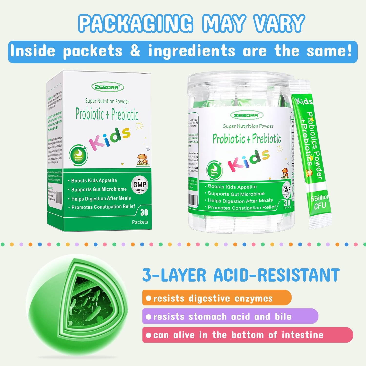 ZEBORA Kids Probiotic & Prebiotics Powder Age 3+ Support Children’s Digestive…