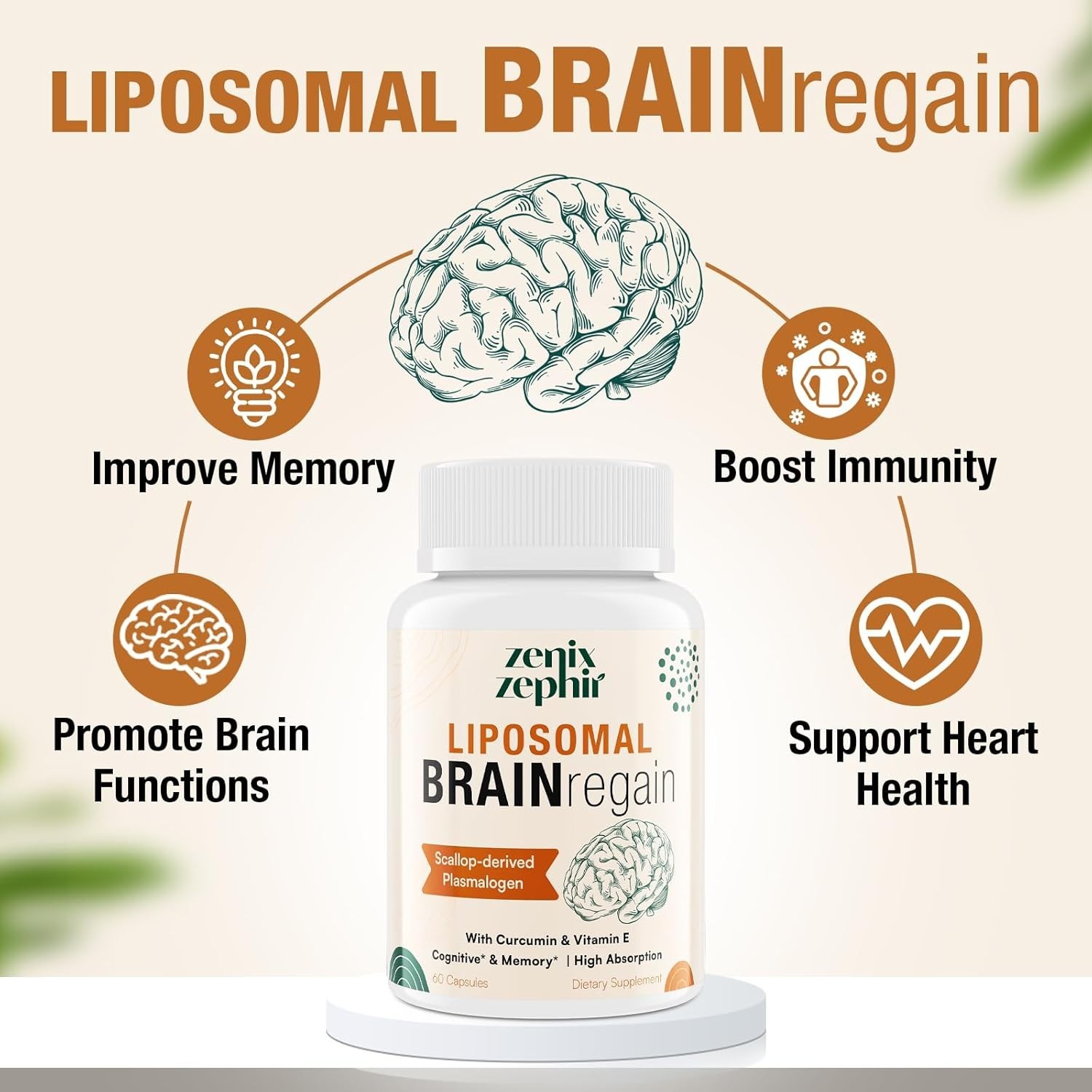 Liposomal Brain Supplement with Plasmalogen, Curcumin & Vitamin E – 60 Softgels