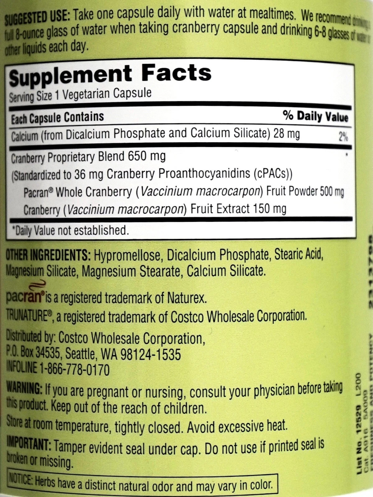Trunature Cranberry 650mg Capsules with Pacran One-Per-Day Veggie Caps 140 Count