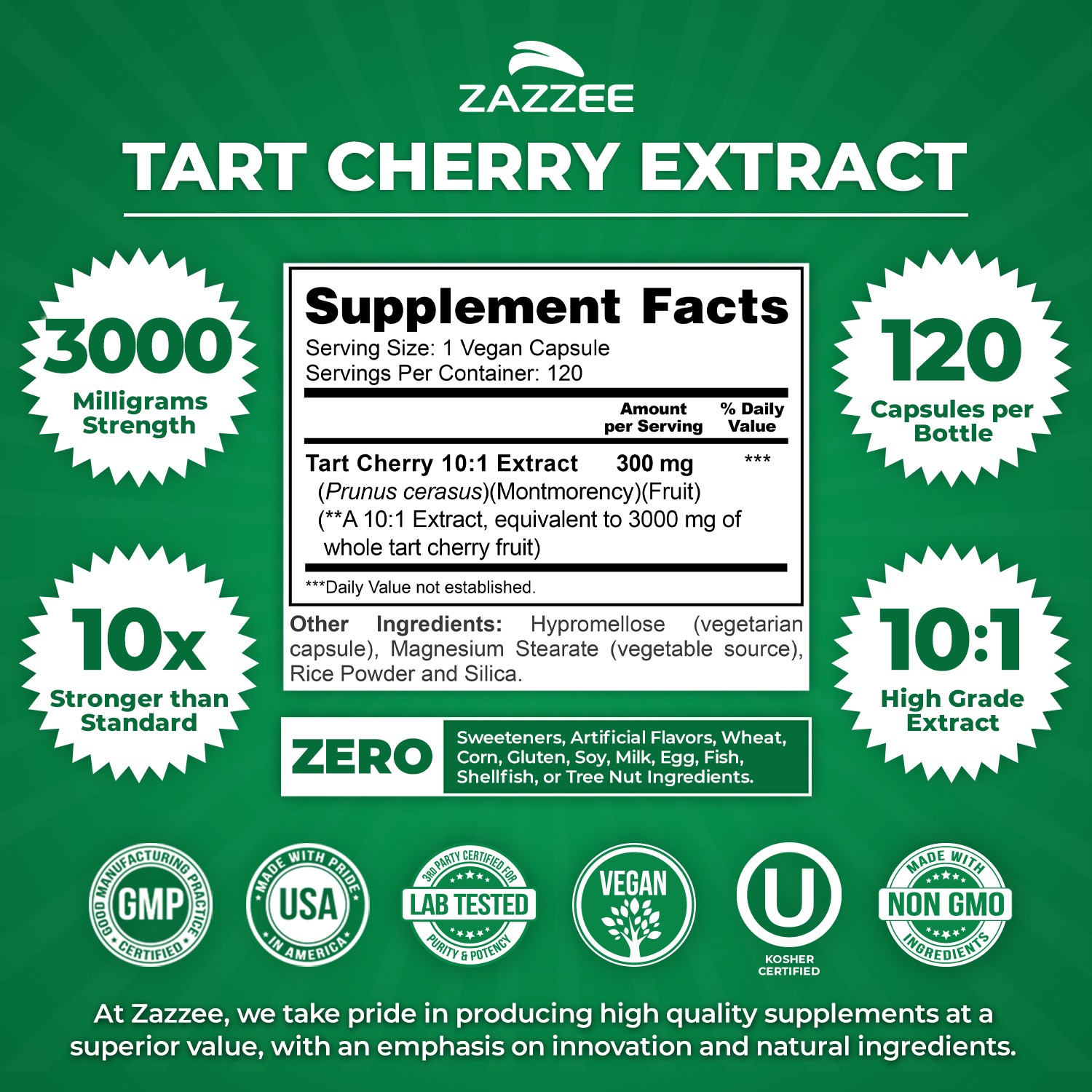 Tart Cherry 10:1 Extract, 3000 mg Strength, 120 Vegan Capsules, 4 Month Supply