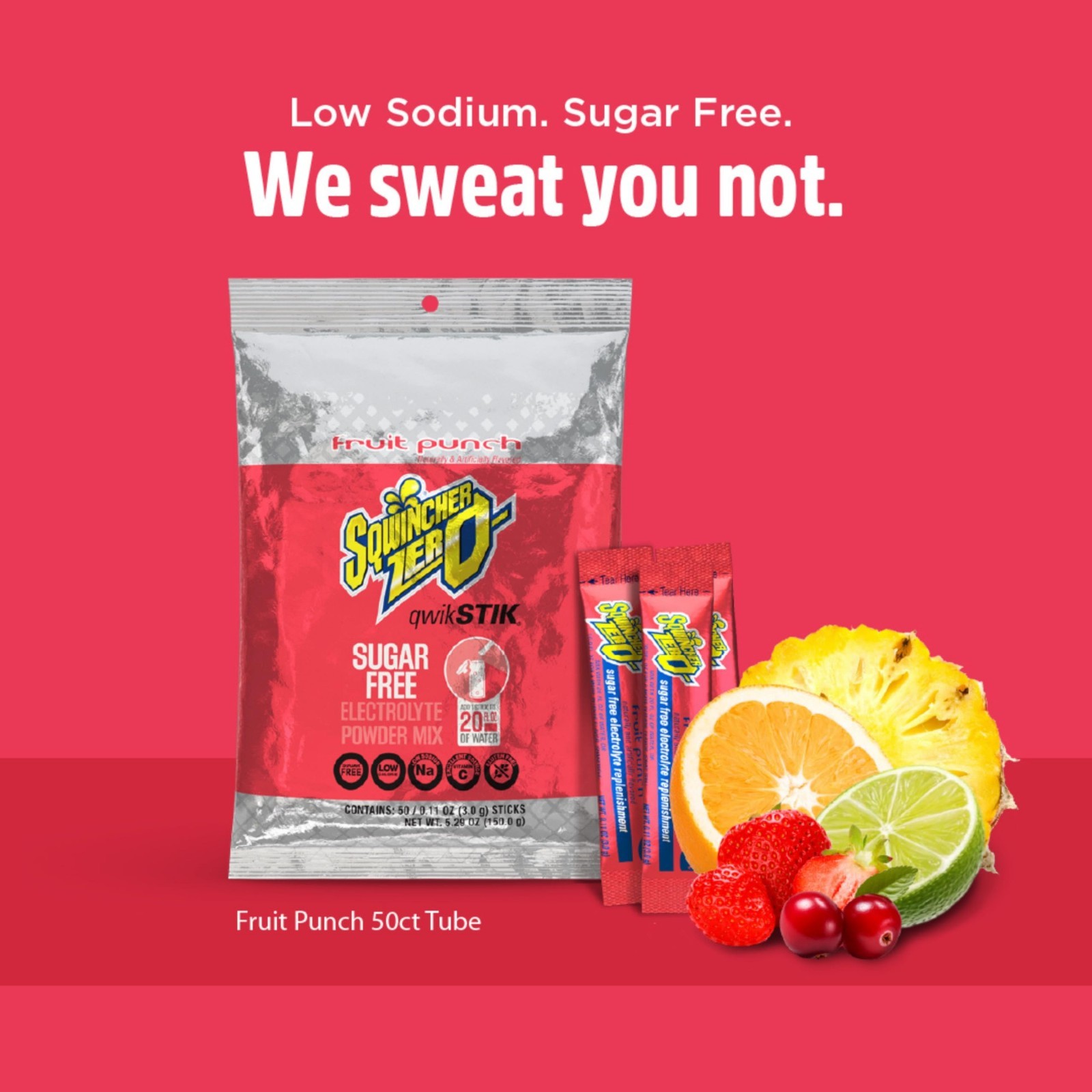Sugar-Free Electrolyte Powder Drink Mix, Fruit Punch, Low Calorie, 50 Pack