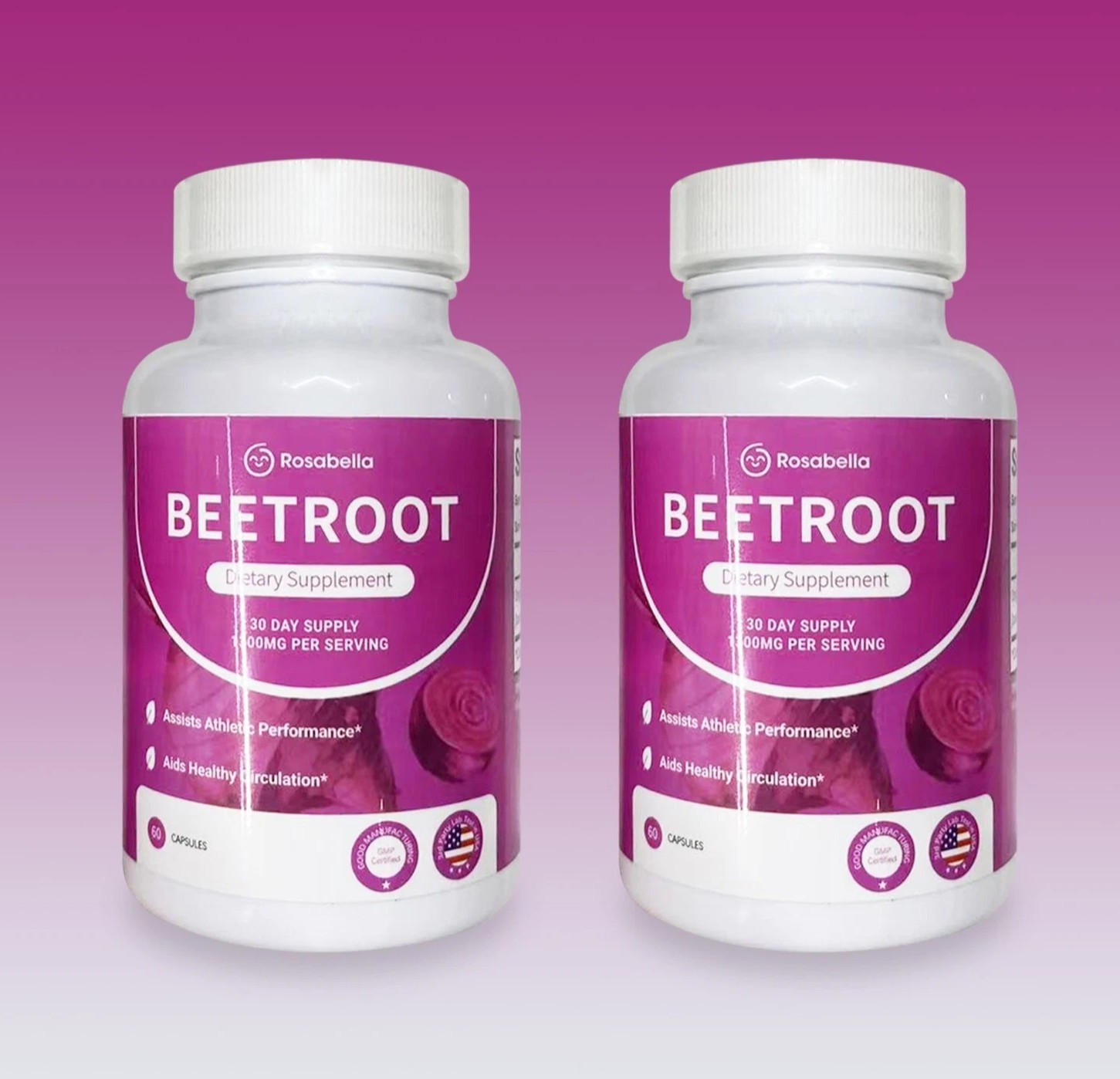 2PCS Rosabella Organic Beet Root 60 Capsules Natural Energy Boost Blood Pressure