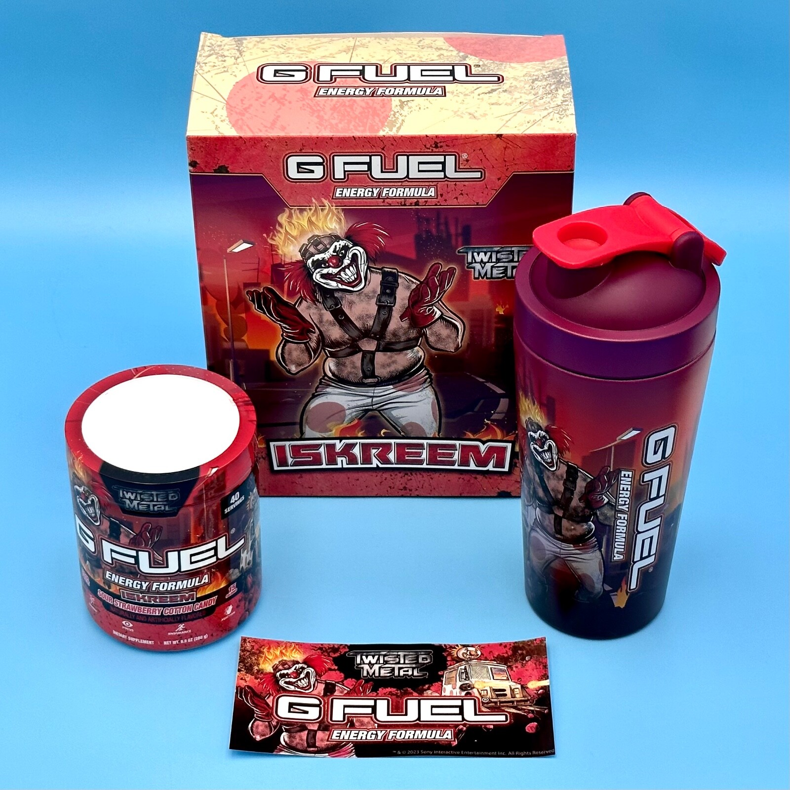 G Fuel Twisted Metal ISKREEM Collector’s Box Tub + Sweet Tooth Metal Shaker Cup