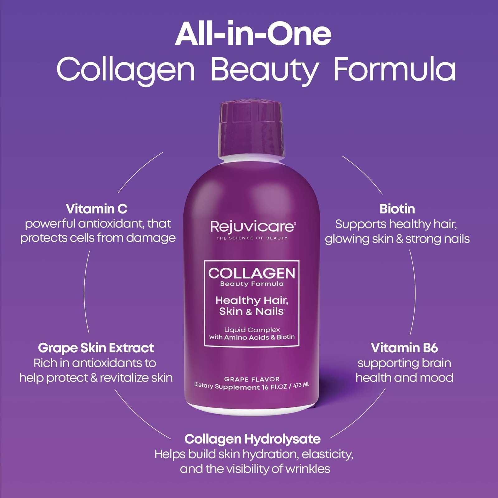 Rejuvicare Liquid Collagen Beauty Formula with 16 fl oz (Pack of 1), Purple