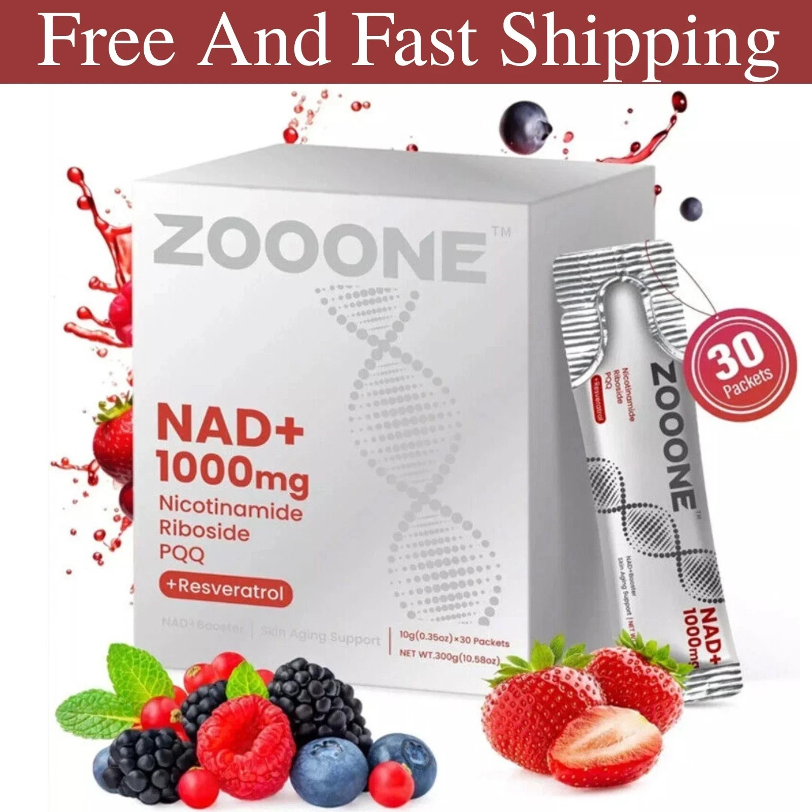NR1000 ZOOONE NAD+ Drink Mix – Berry Flavor, Energy & Skin Support, 30 Pack