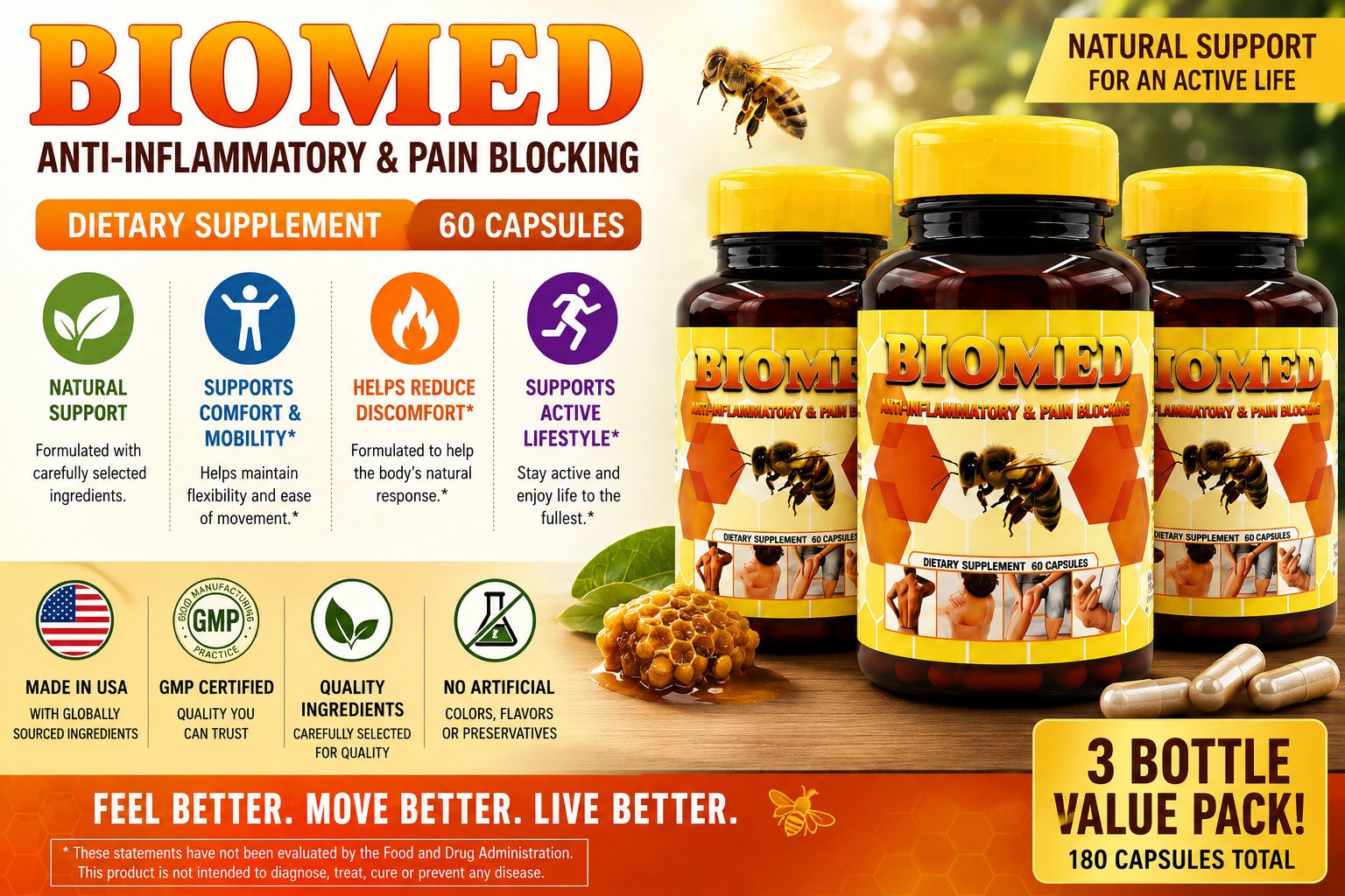 3 BIOMED Bee Extract Supplement 180 Capsules Natural Joint Mobility Support Pill