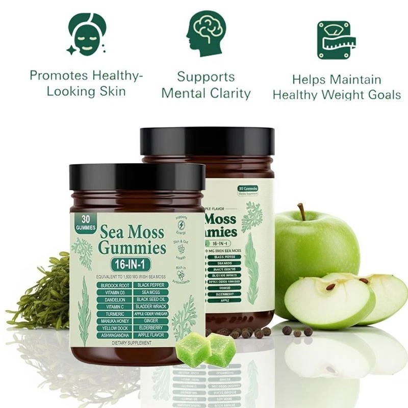 2x 16 in 1 pure Sea Moss Gummy | Irishmoss Extract 6000Mg |Green Apple Flavor