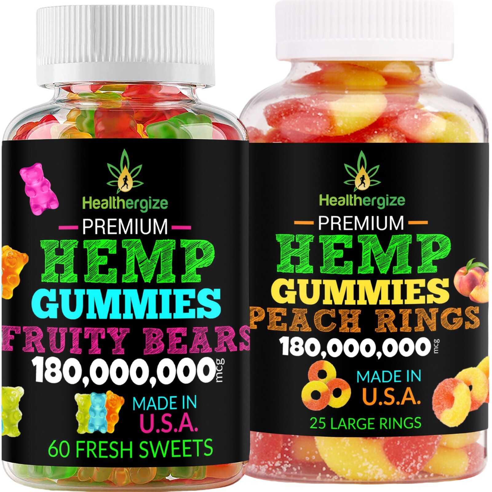 Natural Gummies-Gummy Bears And Peach-Stress, Sleep, Anxiety Pain-USA MADE-2Pack